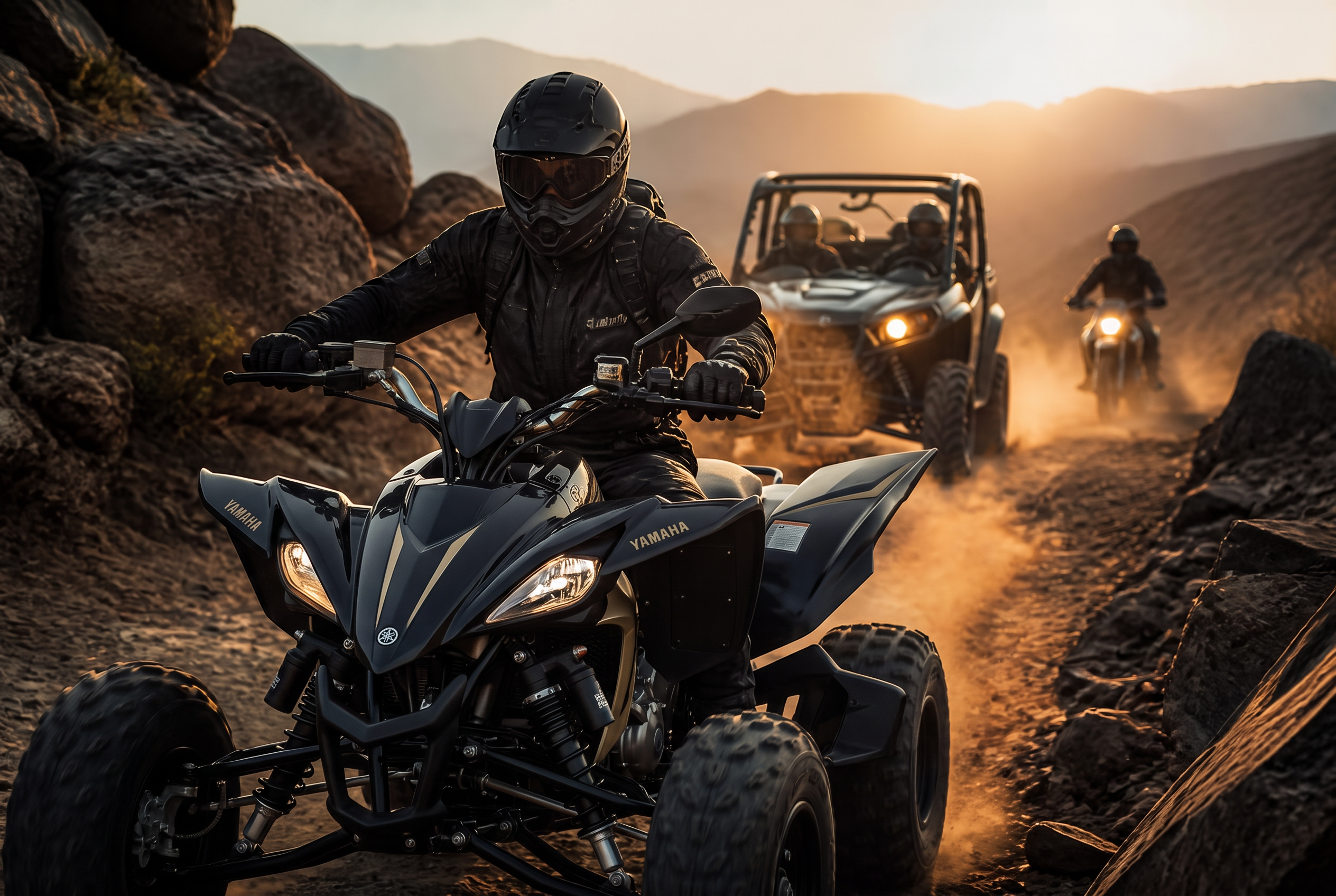 ATV and UTV riders on a rugged desert trail at golden hour